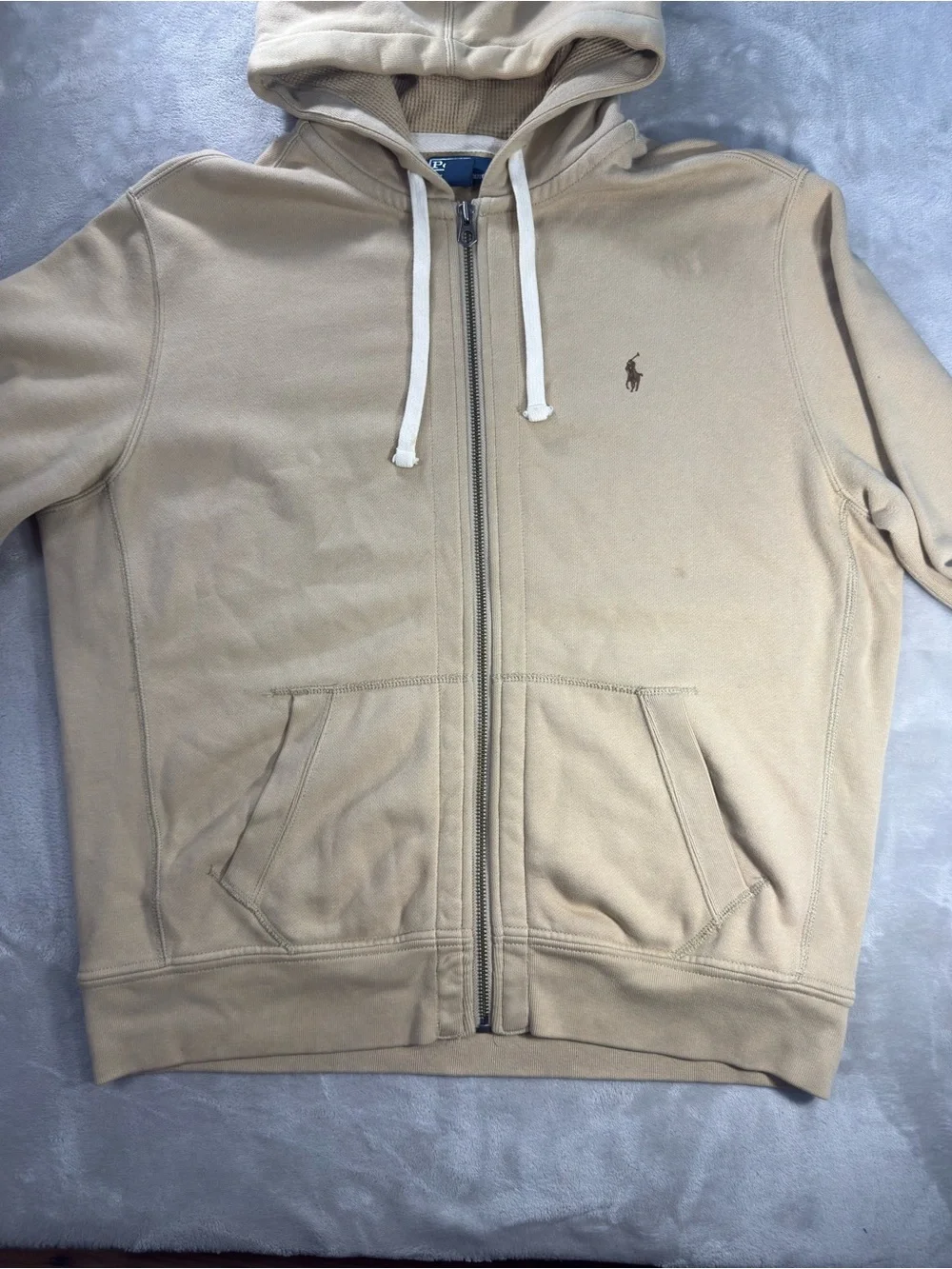 Vintage Polo Ralph Lauren Beige Full Zip Hoodie Men's Sz XL Waffle Lined